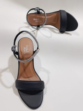 Women’s Black Block Heel Sandals with Sparkling Rhinestone Straps