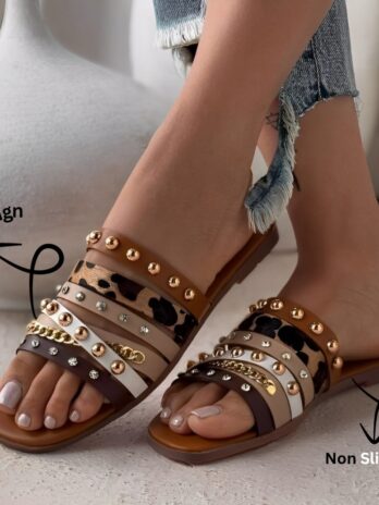 Trendy Style Women’s Slippers – Brown Multi-Strap Flat Sandals with Studs & Stones