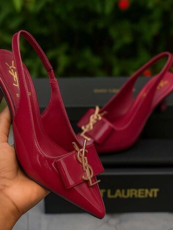 Burgundy Kitten Heel Shoes for Women – Slingback Style with Gold Accent Bow