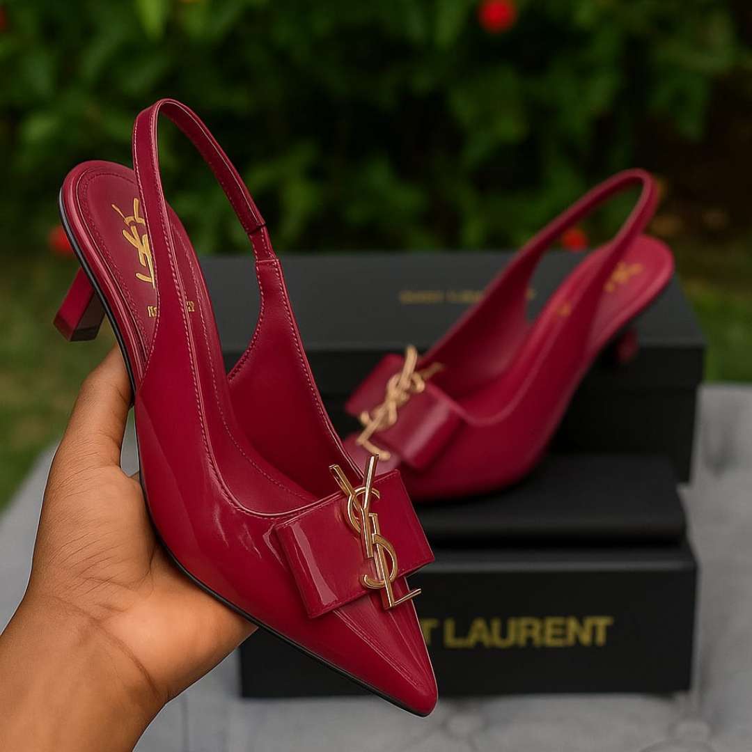 Burgundy Kitten Heel Shoes for Women – Slingback Style with Gold Accent Bow - Image 2