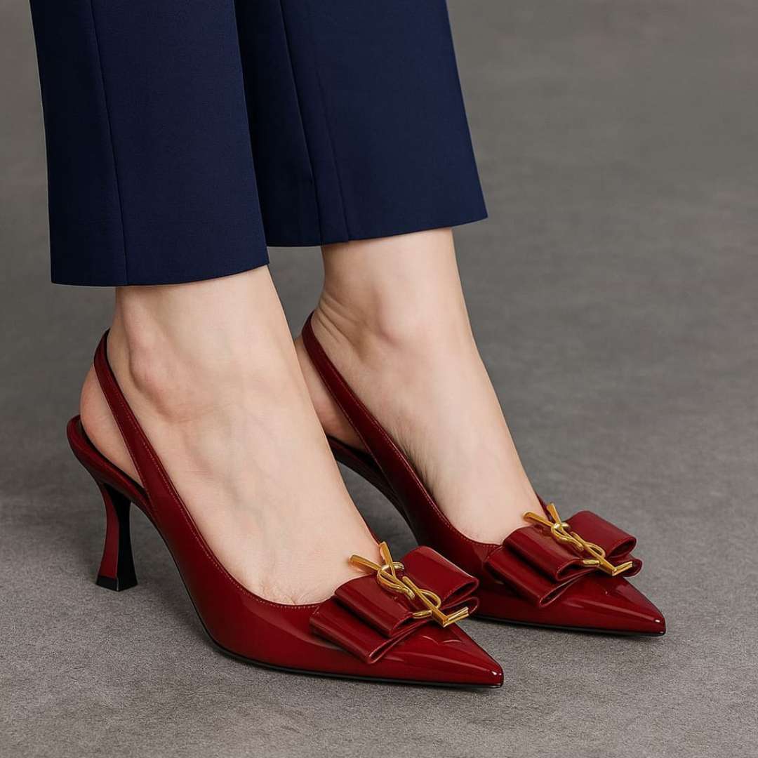 Burgundy Kitten Heel Shoes for Women – Slingback Style with Gold Accent Bow - Image 4